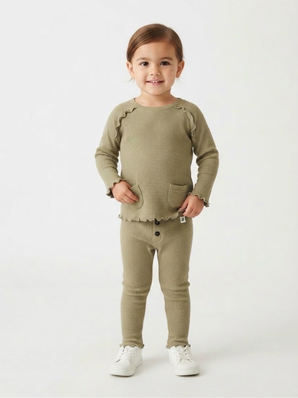 Easy-Peasy Olive Green Waffle Knit Long Sleeve Top & Legging Set 4T/5T
